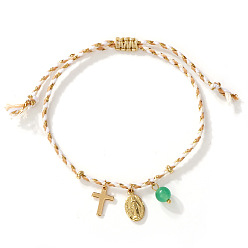 Зеленый Авантюрин Браслеты с подвесками из натурального зеленого авантюрина и латуни, Регулируемые браслеты для женщин с подвеской в виде креста и Девы Марии., 11.02 дюйм (28 см)