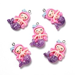 Hot Pink Opaque Resin Pendants, with Glitter Powder and Platinum Tone Iron Loops, Mermaid, Hot Pink, 34x22x6.5mm, Hole: 2mm