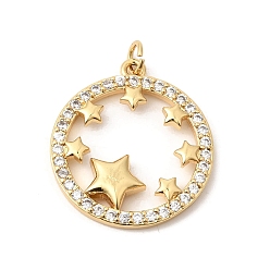 Настоящее золото 18K Латунные микропаве прозрачные подвески с фианитом, плоский круглый со звездными подвесками, долговечный, стойки покрытие, без свинца и без кадмия, реальный 18 k позолоченный, 23x21.5x3.5 мм, Перейти кольцо: 4.5x0.7 мм, внутренний диаметр: 3.1 мм