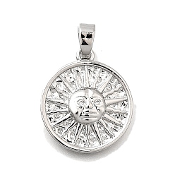 Платина Латунные микро проложить кубического циркония подвески, плоский круглый с солнечными чарами, платина, 17x15x2 мм, отверстие : 5x2.5 мм