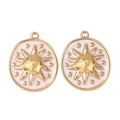 Розовый 304 подвески из нержавеющей стали, с эмалью, овальные и солнечные подвески, реальный 18 k позолоченный, ионное покрытие (ip), туманная роза, 28x22x4 мм, отверстие : 1.8 мм