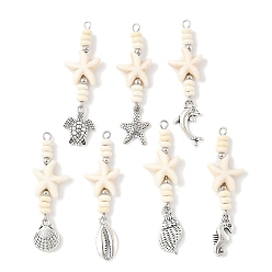 Античное Серебро 7 шт. 7 стили океан сплав и морская звезда рондель синтетическая бирюза бирюзовые бусины большие подвески, античное серебро, цветочный белый, разнообразные, 45.5~52x14.5x5 мм, отверстие : 2 мм, 1 шт / стиль