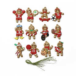 Mixed Color PVC Hanging Decorations, with Cord, Athlete Gingerbread Man, for Christmas, Mixed Color, Pendant: 72~82x40~63x3~4mm, Hole: 3.6mm, 12pcs/set