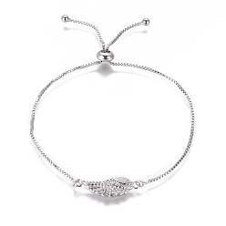 White Adjustable Brass Bolo Bracelets, Slider Bracelets, Box Chains, with Synthetic Opal and Cubic Zirconia, Wing, White, 9-3/4 inch(24.7cm), 1mm