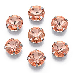 Легкий Лосось Шить на горный хрусталь, многожильных ссылки, стекло горный хрусталь, с настройками латуни, аксессуары для одежды, граненые, плоско-круглые, платина, светлый померанцевый, 13x7.5 мм, отверстие : 0.8~1 мм