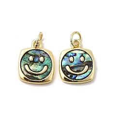 Настоящее золото 18K Квадратная подвеска из эпоксидной смолы и натуральной ракушки пауа с улыбающимся лицом, с латунными оправами и соединительными кольцами, стойки покрытие, долговечный, без свинца и без кадмия, реальный 18 k позолоченный, 13.5x10.5x2 мм, отверстие : 3 мм
