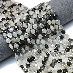 Кварц Турмалинизации  Нити натуральных кварцевых бусин черного турмалинового цвета, граненый шестиугольный разрез, плоско-круглые, с бисером, 8~8.5x5 мм, отверстие : 0.8 мм, около 36 шт / нитка, 15.16''~15.24'' (38.5~38.7 см)
