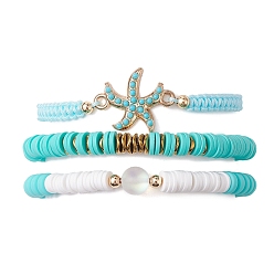 Средний Бирюзовый 3 шт. 3 набор эластичных браслетов из синтетического лунного камня и гематита в форме морской звезды, плетеные регулируемые браслеты из полимерной глины, средне бирюзовый, внутренний диаметр: 2-1/8~4-3/8 дюйм (5.5~11.2 см), 1 шт / стиль