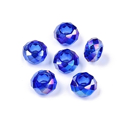 Синий Прозрачное стекло европейские шарики, бусины с большим отверстием, с покрытием AB цвета, граненые, рондель, синие, 13~14x7.5~8 мм, отверстие : 5.5~6 мм