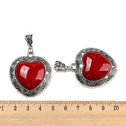 Dark Red Synthetic Turquoise Dyed Pendants, Heart Charms with Antique Silver Plated Alloy Findings, Dark Red, 54mm, Pendant: 39.5x35x10mm, Hole: 7.5x5.5mm