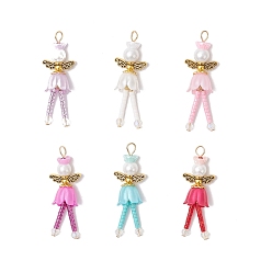 (52) Непрозрачная лаванда Подвески в виде цветов и ангелов, с латунными колпачками для бусин в виде цветка, бусинами из сплава в тибетском стиле, круглыми бусинами из стеклянного жемчуга, пластиковыми бусинами, колпачками из смолы, конусами, акриловыми колпачками и цилиндрическими бусинами, разноцветные, 41x14x11 мм, отверстие : 4x2.5 мм