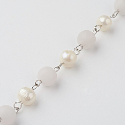 Rose Quartz Handmade Chains for Necklaces Bracelets Making, with Rose Quartz, Freshwater Pearl Beads and 304 Stainless Steel Eye Pin, Unwelded, 39.37 inch(1m)