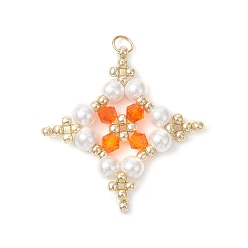 Оранжевый Подвески-звезды из стеклянного бисера, со стеклянными жемчужными бусинами и 304 соединительными кольцами из нержавеющей стали, реальный 18 k позолоченный, оранжевые, 30x28x4 мм, отверстие : 2.8 мм
