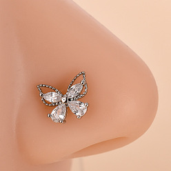 Бабочка 316l Хирургические кольца для носа из нержавеющей стали с прозрачным кубическим цирконием в форме буквы L, цвет нержавеющей стали, бабочка, 7 мм, штифты : 0.8 мм