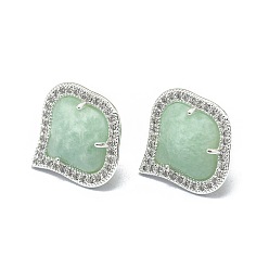 Платина Серьги из натурального амазонита, с латунной фурнитурой и кубическим цирконием, граненые, прозрачные, платина, 18x18 мм , штифт: 0.6 мм