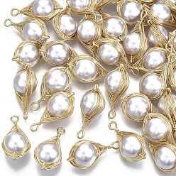Gainsboro ABS Plastic Imitation Pearl Wire Wrapped Pendants, with Light Gold Plated Brass Wire, Teardrop, Gainsboro, 23x11~12x10mm, Hole: 2mm