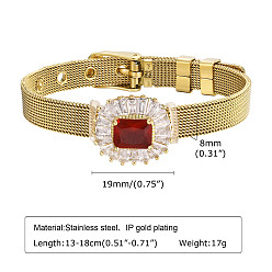 Oval Glass Link Bracelet, with Golden Stainless Steel Mesh Chains, Oval, 5-1/8~7-1/8 inch(13~18cm)