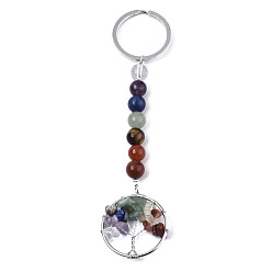 Mixed Stone Natural Gemstone Chips Chakra Keychain, with Platinum Plated Stainless Steel Split Key Rings and Mixed Stone, Flat Round with Tree of Life, 122mm