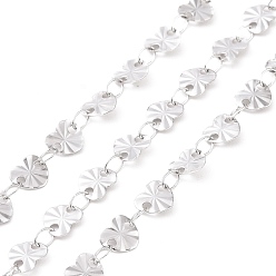 Stainless Steel Color Non-Tarnish 304 Stainless Steel Heart Link Chains, Flat Sequin Chains, Soldered, Textured, Stainless Steel Color, 6x6.5x0.4mm, about 32.8 Feet(10m)/roll