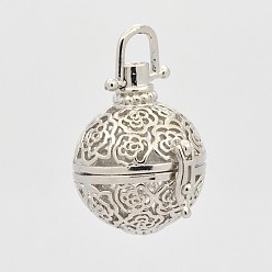 Platinum Filigree Round Brass Cage Pendants, For Chime Ball Pendant Necklaces Making, Platinum, 35mm, 29x22x26mm, Hole: 6x6mm, 18mm inner diameter