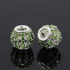 Перидот Латунные горный хрусталь Европейский бисером, бусины с большим отверстием, рондель, серебряный цвет гальваническим, перидот, 12x10 мм, отверстие : 4 мм