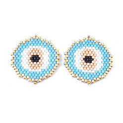 Sky Blue Handmade Seed Beads Links Connectors, with Elastic Thread, Loom Pattern, Flat Round with Evil Eye, Sky Blue, 28x25.5x1.5~2mm, Hole: 0.7mm