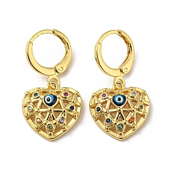 Clear Golden Brass Dangle Leverback Earrings, with Enamel and Cubic Zirconia, Heart with Evil Eye, Clear, 28x15mm