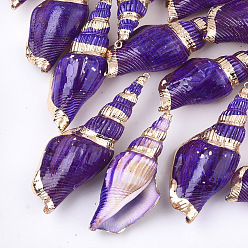 Индиго Окрашенные распылением и гальванические спиральные оболочки большие подвески, с железной фурнитурой, золотой свет, индиговые, 53~80x23~28x16~20 мм, отверстие : 1.5 мм