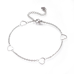 Stainless Steel Color Tarnish Resistant 304 Stainless Steel Cable Chain Anklets, with Heart Links and Lobster Claw Clasps, Stainless Steel Color, 8-3/4 inch(22.3cm)