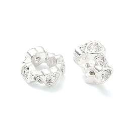 Посеребрённый Латунные микро проложить Цирконий Европейский бисером, круглые с сердцем, бусины с большим отверстием, долговечный, без свинца и без кадмия, стойки покрытие, 925 серебро покрытием, 8.5x8 мм, отверстие : 4.7 мм
