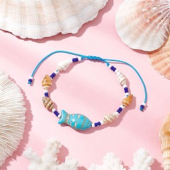Небесно-голубой Браслеты из бисера и стеклянных бусин, регулируемые браслеты из ракушек и синтетических бирюзовых бусин для женщин, форма ракушки и рыбы, голубой, внутренний диаметр: 2 ~3-1/4 дюйм (5.1~8.2 см)