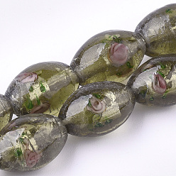 Цвет Оливы Ручная серебряная фольга стеклянные бусины Lampwork, овальные с цветком, оливковый, 16~17x9~11 мм, отверстие : 1.5~2 мм