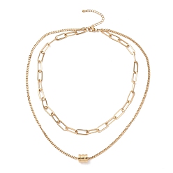 Golden PVD Vacuum Plating 304 Stainless Steel Double Chains Multi Layered Necklace with Column Beaded for Women, Golden, 16.34 inch(41.5cm)