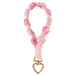Бледно-Розовый Подвесные украшения из хлопчатобумажных плетеных цветов, с застежками в виде сердечек из сплава и пластиковыми бусинами, розовый жемчуг, 200 мм