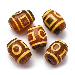 Earth Pattern Тибетского стиля бусы дзи, природных бисера агат, баррель, окрашенная и подогревом, песчаный коричневый, образец земли, 14.5~15x12~12.5 мм, отверстие : 1.6 мм