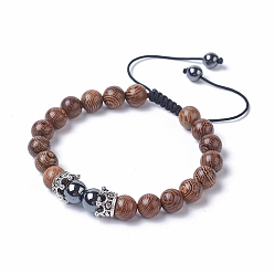 Hematite Adjustable Synthetic Hematite Braided Bead Bracelets, with Dyed Wood Beads, Nylon Thread and Antique Silver Plated Alloy Crown Beads, 2 inch~3-3/8 inch(5~8.5cm)