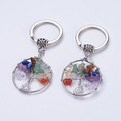 Смешанные камни Брелок из натурального / синтетического смешанного камня, с железными брелками и латунью, плоские круглые с дерева жизни, 65~67 мм, 36x29x5~8 мм