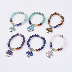 Gemischte Stein Chakra Schmuck natürliche & synthetische Mischsteinperlen Bettelarmband, mit Tibetischen Stil Perlen, flach rund mit Baum des Lebens, 2 Zoll (50 mm)