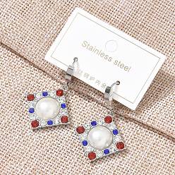 Нержавеющая Сталь Цвет 304 серьги-кольца из нержавеющей стали с ромбами, со стразами и пластиковым искусственным жемчугом для женщин, цвет нержавеющей стали, 44x26 мм