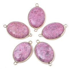 Old Rose Natural Dyed White Jade Links connectors, with Golden Plated Brass Loops, Oval, Old Rose, 38~40x23~24x7~8mm, Hole: 2.5mm