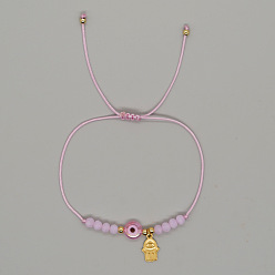 Pink Латунные браслеты с подвесками в виде хамсы, Браслеты из плетеных бусин от сглаза из стекла и смолы для женщин, розовые, внутренний диаметр: 11 дюйм (28 см)