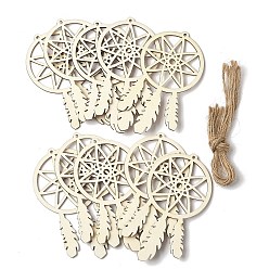 (404) Непрозрачное AB Кислое яблоко 10шт. плетеная сетка/паутина с перьями незаконченные пустые деревянные подвески для живописи, пирография, домашнего декора, с джутовым шнуром, цветочный белый, 109x59x2 мм, отверстие : 3 мм