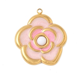 Розовый Крашеные натуральный белый нефрит подвески, подвески-цветы из эмали из нержавеющей стали, реальный 18 k позолоченный, туманная роза, 24.5x21.5x4 мм, отверстие : 1.4 мм