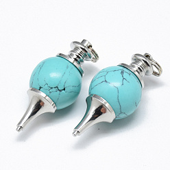 Синтетическая Бирюза Окрашенные синтетические бирюзовые подвески, с платиновым тоном латуни и железными двойными петлями, маятник, 40.5x18 мм, отверстие : 6 мм