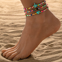 Разноцветный 3шт. браслеты на ногу из синтетического бирюзового стекла с морскими звездами для пляжа, красочный, внутренний диаметр: 2-3/8 дюйм (60 мм)