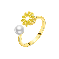 Gold Daisy Rotatable Cuff Ring for Calming Worry Meditation, Brass Enamel Fidget Spinner Open Ring, Golden, Gold, 9mm, Inner Diameter: 18mm
