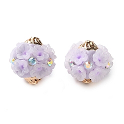 лаванда Ручная полимерная глиняная индонезия бисер, круглая с цветком, с сердечником из сплава и смолой и стразами из смолы, золотой свет, лаванда, 19~20x17.5~19 мм, отверстие : 1.8 мм