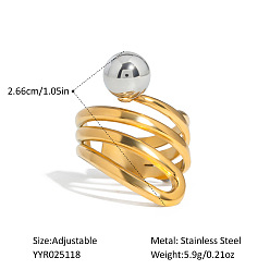 Позолоченный и Цвет Нержавейки Европейский стиль полые манжеты из нержавеющей стали с бусинами регулируемые открытые кольца, настоящее золото и нержавеющая сталь, 26.6 мм