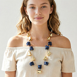 Marine Blue Resin & CCB Plastic Nuggets Double Layer Necklaces with Alloy Chains for Women, Light Gold, Marine Blue, 21.26 inch(54cm)