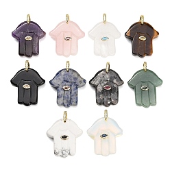 Mixed Stone Natural & Synthetic Mixed Gemstone Carved Pendants, Religion Hamsa Hand Charms, with Brass Pave Cubic Zirconia Findings, Golden, 36.5~39x33~35x8~9mm, Hole: 6.5x8mm
